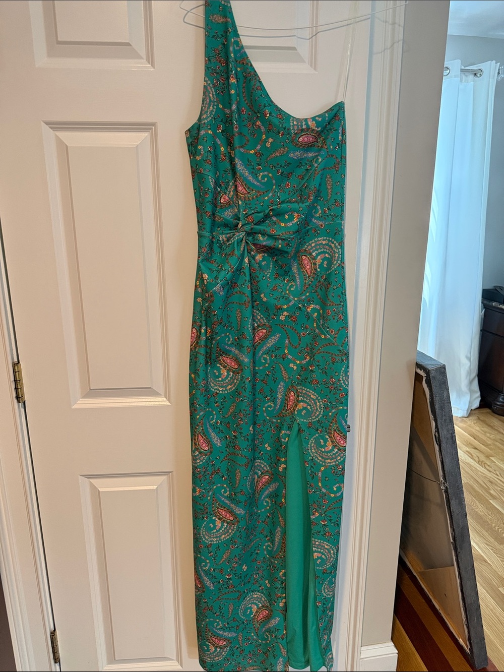 Hale Bob Teal Paisley One-Shoulder Maxi Dress with Front Twist